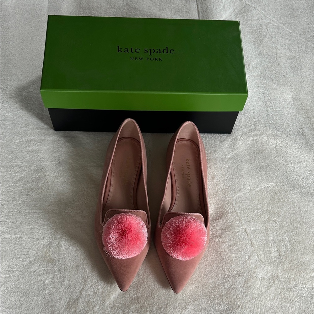 Worn once Kate Spade genuine Pink suede Flats with Pom Pom